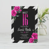 Invitation Silver Foil Stripes Floral Hot Pink ID759 (Debout devant)