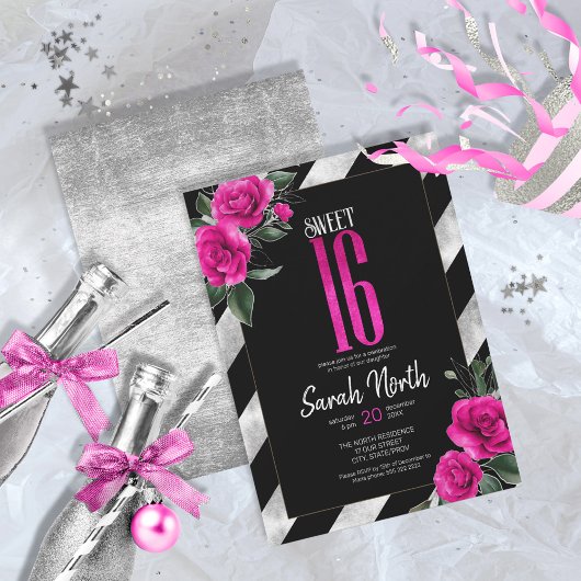 Invitation Silver Foil Stripes Floral Hot Pink ID759