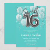 Invitation Silver Foil Sweet 16 Anniversaire Balloons Party T (Devant / Derrière)