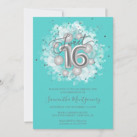 Invitation Silver Foil Sweet 16 Anniversaire Balloons Party T (Devant)