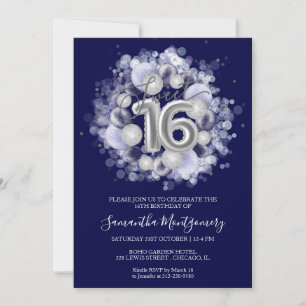Invitation Silver Foil Sweet 16 Ballons Anniversaires Royal B
