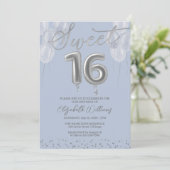 Invitation Silver Foil Sweet 16 Ballons d'anniversaire Bleu (Debout devant)