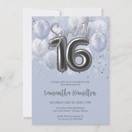 Invitation Silver Foil Sweet 16 Ballons d'anniversaire Dusty  (Devant)