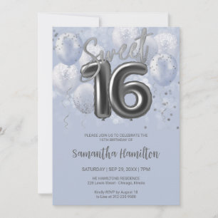 Invitation Silver Foil Sweet 16 Ballons d'anniversaire Dusty