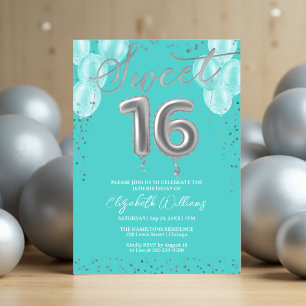 Invitation Silver Foil Sweet 16 Ballons d'anniversaire Royal 