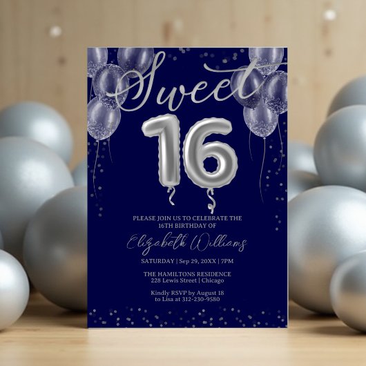 Invitation Silver Foil Sweet 16 Ballons d'anniversaire Royal 