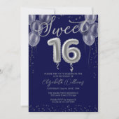 Invitation Silver Foil Sweet 16 Ballons d'anniversaire Royal  (Devant)