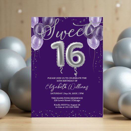 Invitation Silver Foil Sweet 16 Ballons d'anniversaire violet