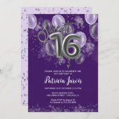 Invitation Silver Foil Sweet 16 Ballons Party violet (Devant / Derrière)