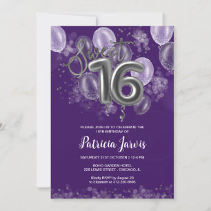 Invitation Silver Foil Sweet 16 Ballons Party violet