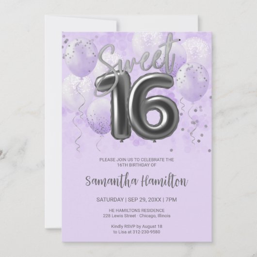 Invitation Silver Foil Sweet 16 Balloons d'anniversaire Lavan (Devant)