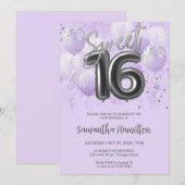 Invitation Silver Foil Sweet 16 Balloons d'anniversaire Lavan (Devant / Derrière)