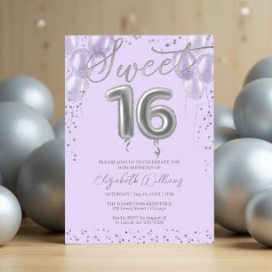 Invitation Silver Foil Sweet 16 Balloons d'anniversaire Lavan