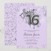 Invitation Silver Foil Sweet 16 Balloons Party Lavender (Devant / Derrière)