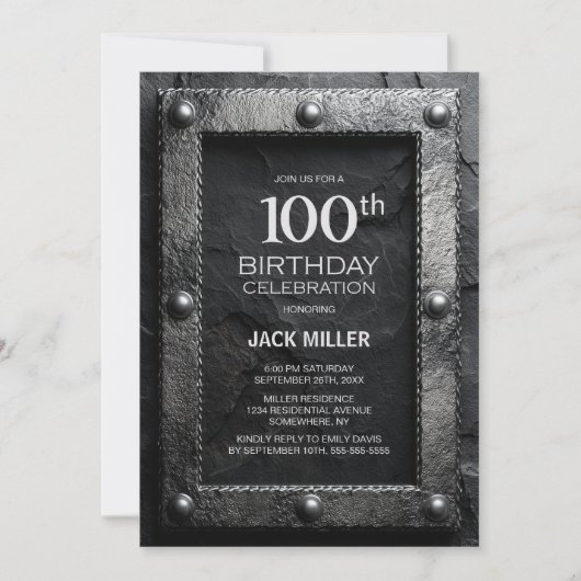 Invitation Silver Frame Black Slate 100th Birthday Party (Devant)