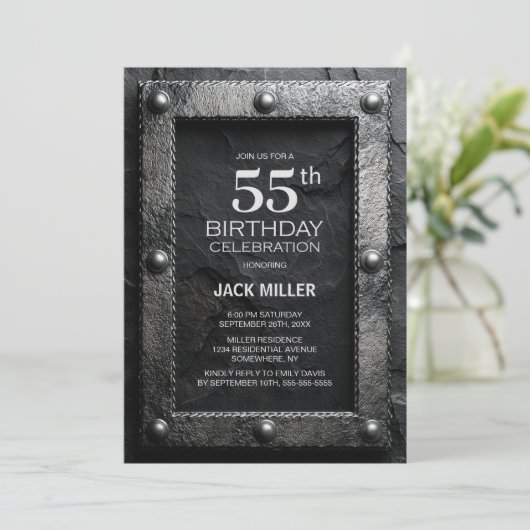 Invitation Silver Frame Black Slate 55th Birthday Party (Debout devant)
