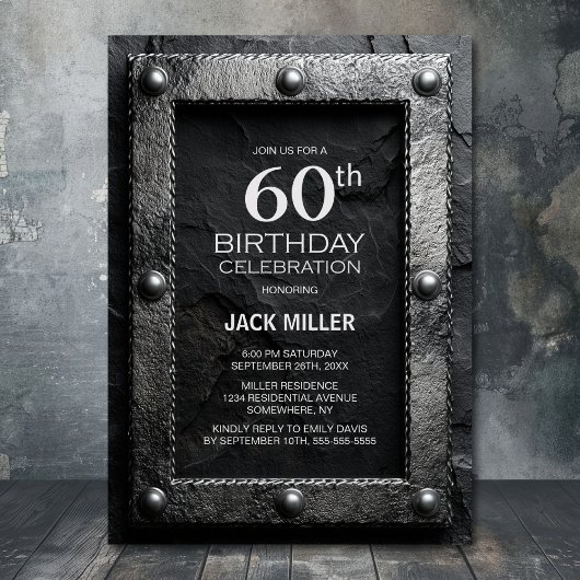 Invitation Silver Frame Black Slate 60th Birthday Party
