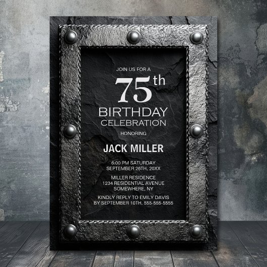Invitation Silver Frame Black Slate 75th Birthday Party