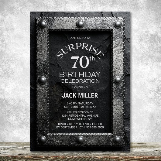 Invitation Silver Frame Black Slate Surprise 70th Birthday