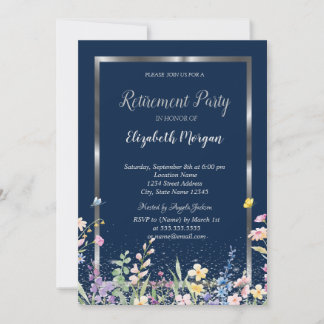 Invitation Silver Frame Wildflowers Navy Blue Retirement