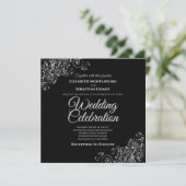 Invitation Silver Frills Black Simple Elegant Carré Mariage (Debout devant)