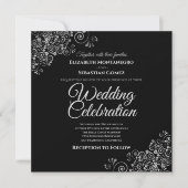 Invitation Silver Frills Black Simple Elegant Carré Mariage (Devant)