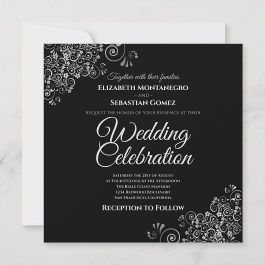 Invitation Silver Frills Black Simple Elegant Carré Mariage (Devant)