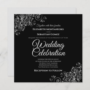 Invitation Silver Frills Black Simple Elegant Carré Mariage
