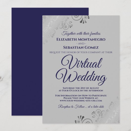 Invitation Silver Frills Chic Navy Blue Grey Mariage virtuel (Devant / Derrière)