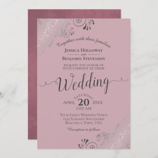 Invitation Silver Frills Elegant Dusty Rose Mauve Mariage (Devant / Derrière)