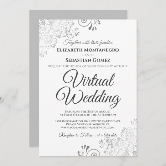 Invitation Silver Frills Elegant Grey & White Mariage virtuel (Devant / Derrière)