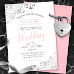 Invitation Silver Frills Elegant Pink & Gray on White Wedding<br><div class="desc">This beautiful wedding invitation features a simple yet elegant design with lacy pink script calligraphy on a white background and frilly silver gray faux foil filigree in the corners. The wording is formal,  but the layout is modern and stylish.</div>