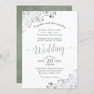 Invitation Silver Frills Élégant Sage vert sur Mariage blanc