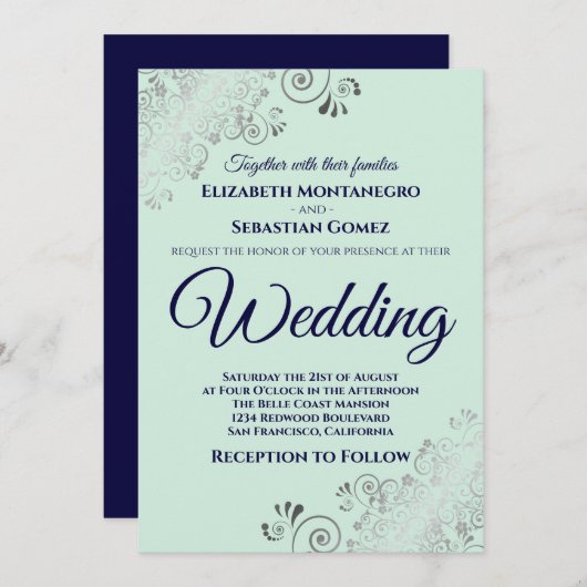 Invitation Silver Frills Mint Green & Navy Blue Chic Mariage (Devant / Derrière)