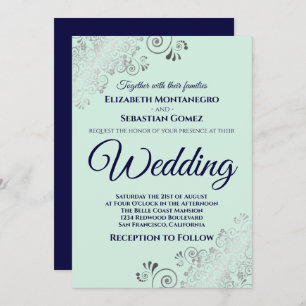 Invitation Silver Frills Mint Green & Navy Blue Chic Mariage