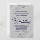 Invitation Silver Frills Navy Blue sur Grey Mariage (Devant)