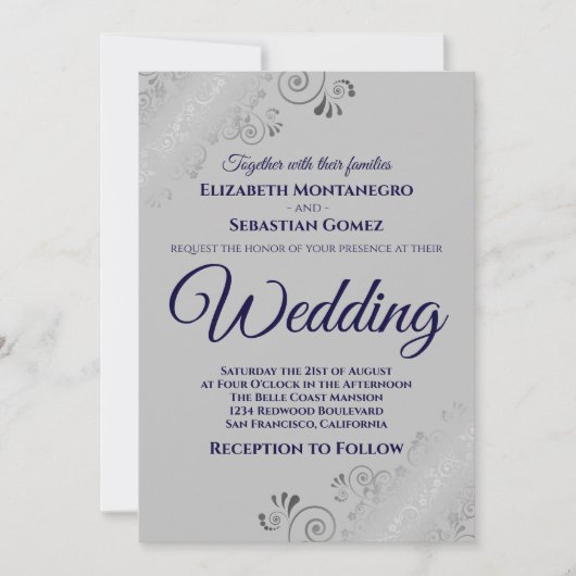 Invitation Silver Frills Navy Blue sur Grey Mariage (Devant)
