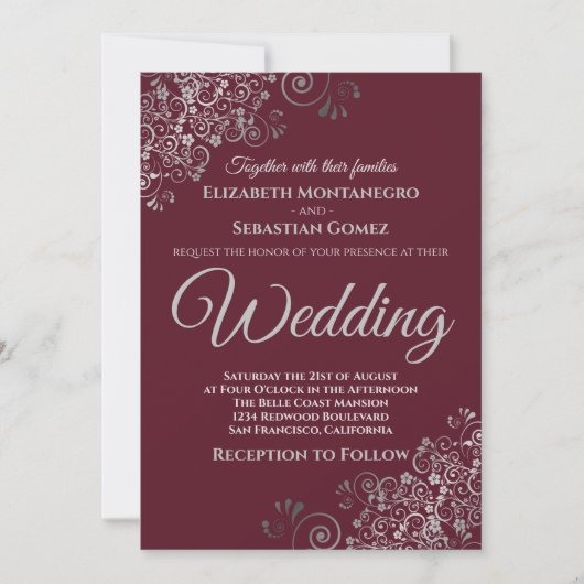 Invitation Silver Frills Simple Chic Burgundy Mariage (Devant)