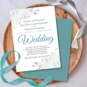 Invitation Silver Frills Simple Chic Turquoise et Grey Mariag