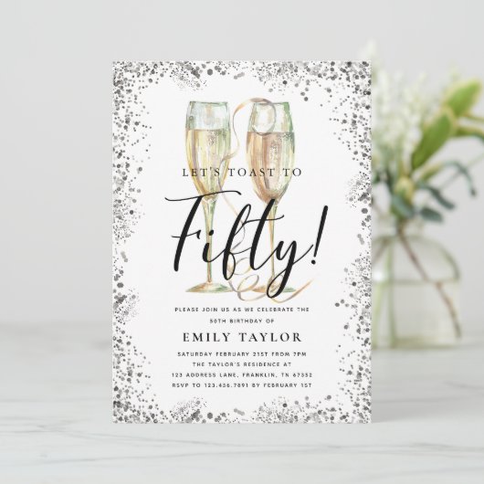 Invitation Silver Glitter 50th Birthday Party (Debout devant)