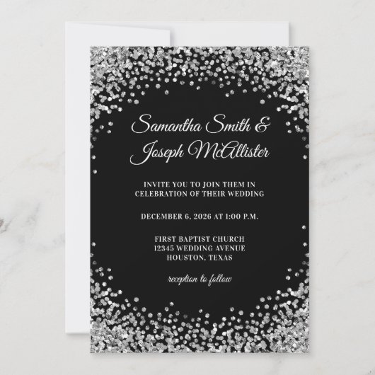 Invitation Silver Glitter Border Black Wedding (Devant)