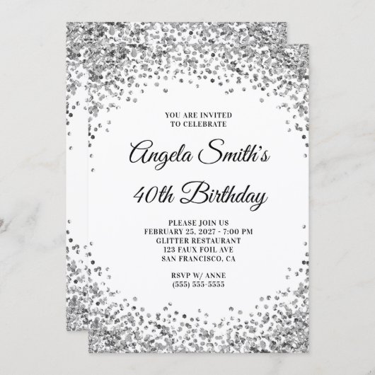 Invitation Silver Glitter Border White 40th Birthday (Devant / Derrière)