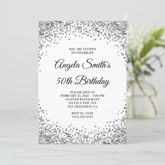 Invitation Silver Glitter Border White 50th Birthday (Debout devant)