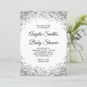 Invitation Silver Glitter Border White Baby Shower (Debout devant)