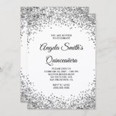 Invitation Silver Glitter Border White Quinceanera (Devant / Derrière)