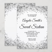Invitation Silver Glitter Border White Sweet Sixteen (Devant / Derrière)