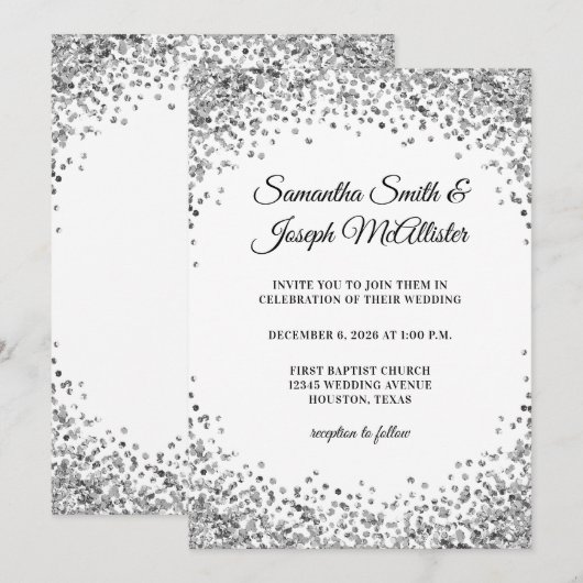 Invitation Silver Glitter Border White Wedding (Devant / Derrière)