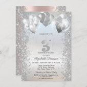 Invitation Silver Glitter Confetti Balloons 3rd Birthday (Devant / Derrière)
