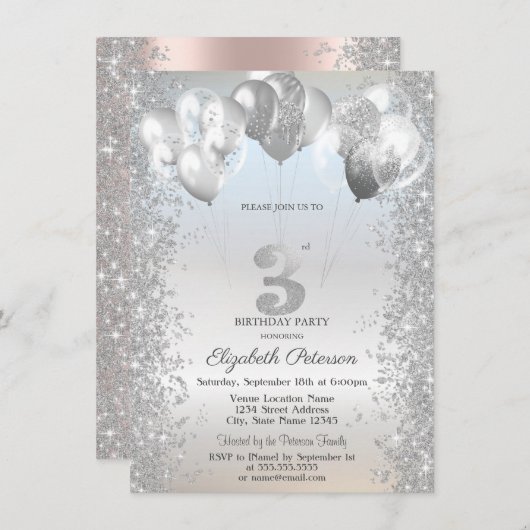 Invitation Silver Glitter Confetti Balloons 3rd Birthday (Devant / Derrière)