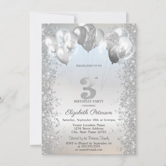 Invitation Silver Glitter Confetti Balloons 3rd Birthday (Devant)